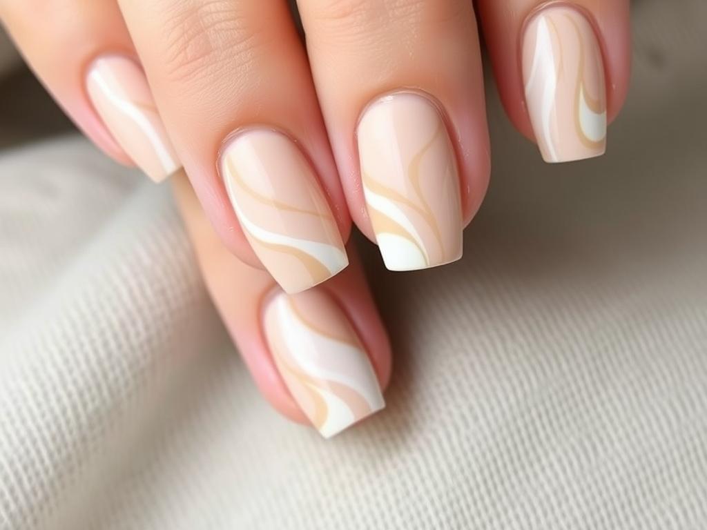 Beżowe paznokcie hybrydowe marmurkowe w minimalistycznym stylu Beżowe paznokcie hybrydowe marmurkowe w minimalistycznym stylu