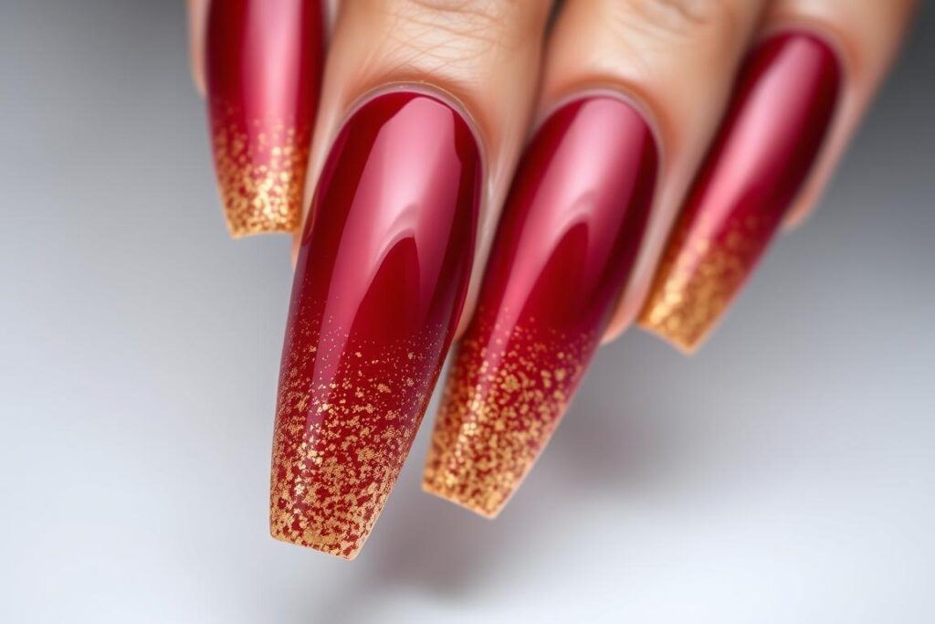 Bordowe ombre ze złotym brokatem na długich paznokciach Bordowe ombre ze złotym brokatem na długich paznokciach