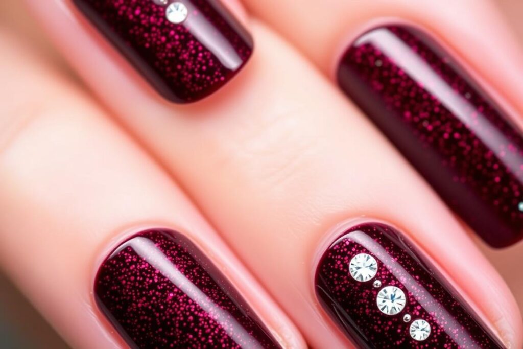 Bordowe paznokcie z brokatem i cyrkoniami na specjalne okazje Bordowe paznokcie z brokatem i cyrkoniami na specjalne okazje