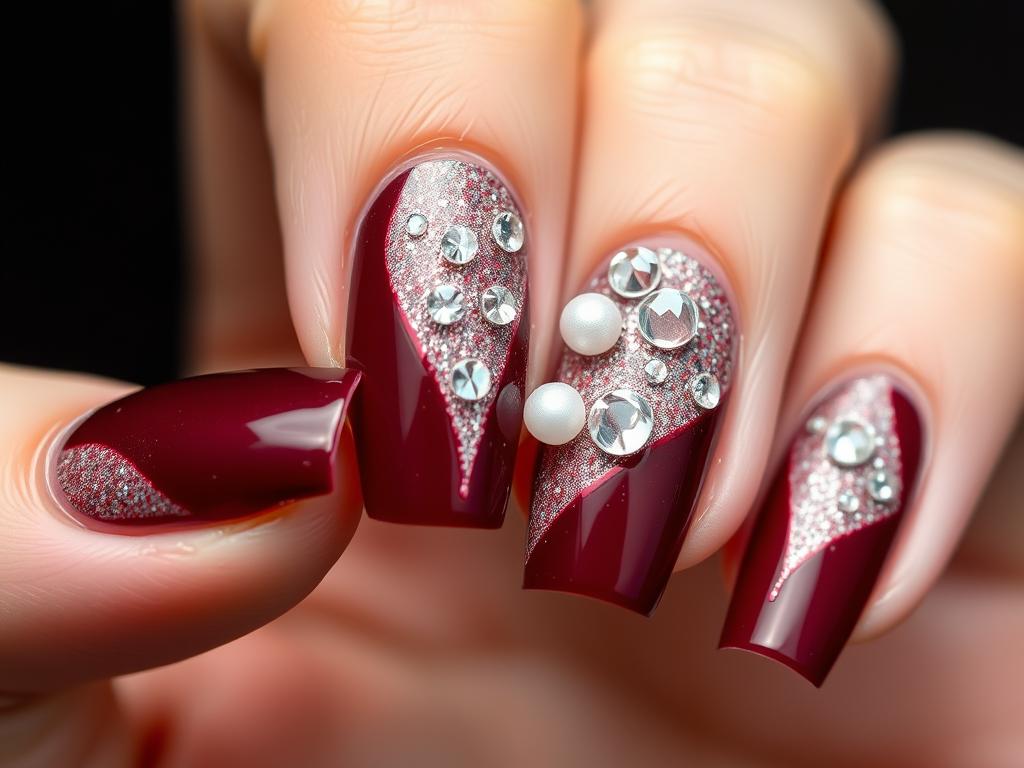 Bordowe paznokcie z ozdobami brokatowymi i aplikacjami Bordowe paznokcie z ozdobami brokatowymi i aplikacjami