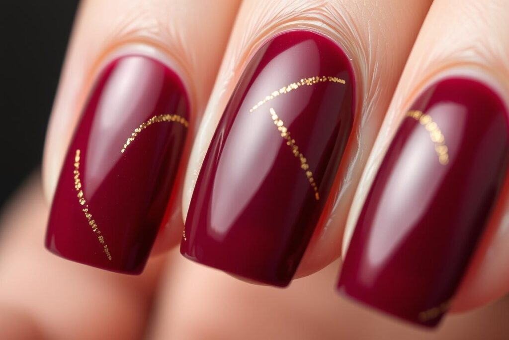 Bordowe paznokcie ze zdobieniem brokatowym w formie delikatnych linii Bordowe paznokcie ze zdobieniem brokatowym w formie delikatnych linii