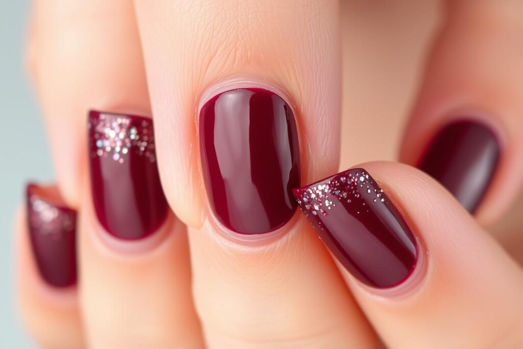 Bordowy french z brokatem na naturalnych paznokciach Bordowy french z brokatem na naturalnych paznokciach