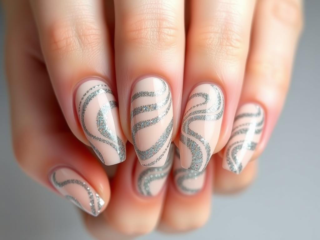 Cieliste paznokcie z brokatem i falującymi liniami Cieliste paznokcie z brokatem i falującymi liniami