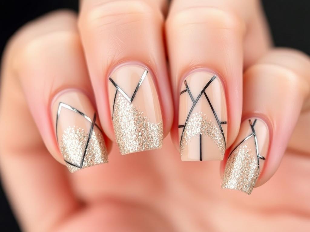 Cieliste paznokcie z geometrycznymi wzorami z brokatu Cieliste paznokcie z geometrycznymi wzorami z brokatu