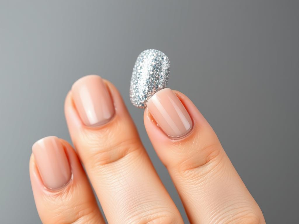 Cieliste paznokcie z jednym brokatowym akcentem Cieliste paznokcie z jednym brokatowym akcentem