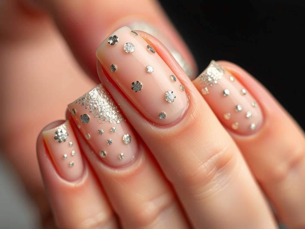 Cieliste paznokcie z kropkami z brokatu Cieliste paznokcie z kropkami z brokatu