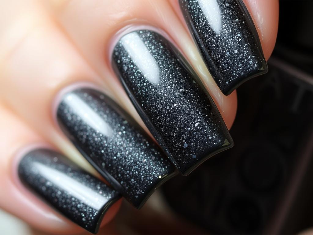 Ciemnoszare paznokcie z metalicznym brokatem Ciemnoszare paznokcie z metalicznym brokatem