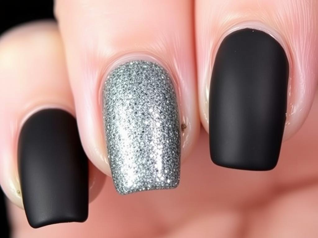 Czarne matowe paznokcie z brokatowym akcentem na jednym palcu Czarne matowe paznokcie z brokatowym akcentem na jednym palcu