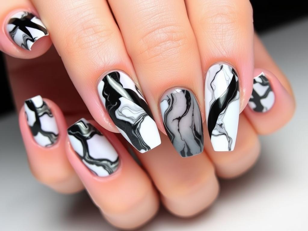 Czarno-białe paznokcie hybrydowe marmurkowe z wyrazistym kontrastem Czarno-białe paznokcie hybrydowe marmurkowe z wyrazistym kontrastem