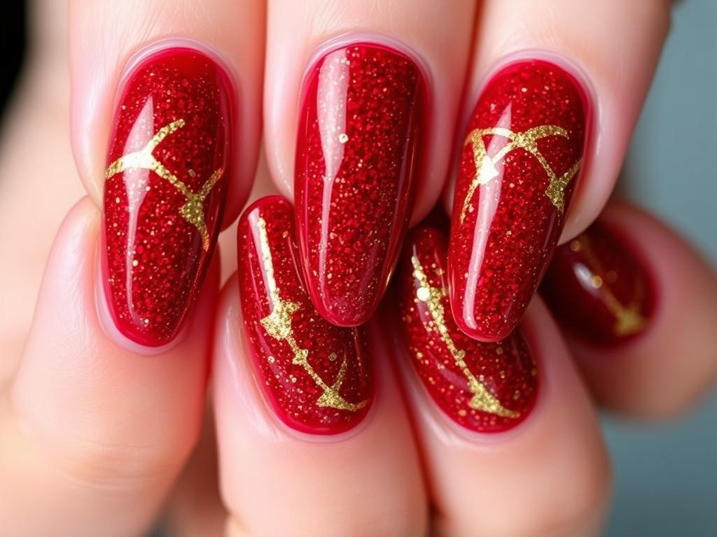 Czerwona hybryda z brokatem i złotymi zdobieniami Czerwona hybryda z brokatem i złotymi zdobieniami