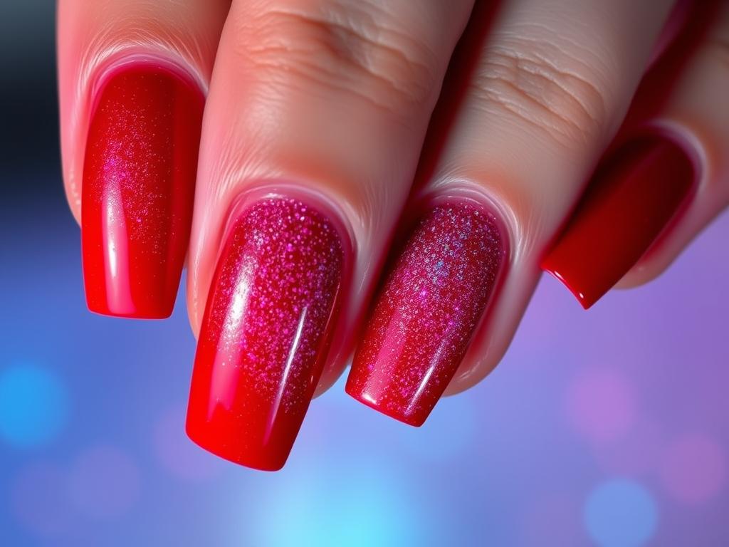 Czerwona hybryda z brokatem w efekcie zorzy polarnej Czerwona hybryda z brokatem w efekcie zorzy polarnej