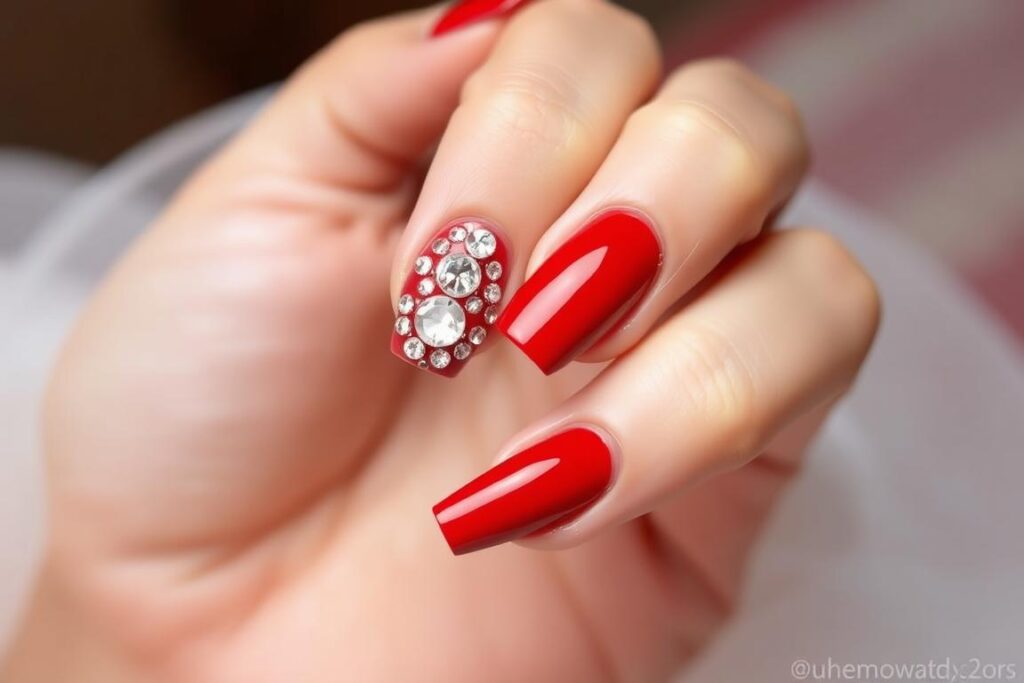 Czerwone paznokcie z cyrkoniami i brokatem - elegancka stylizacja Czerwone paznokcie z cyrkoniami i brokatem - elegancka stylizacja