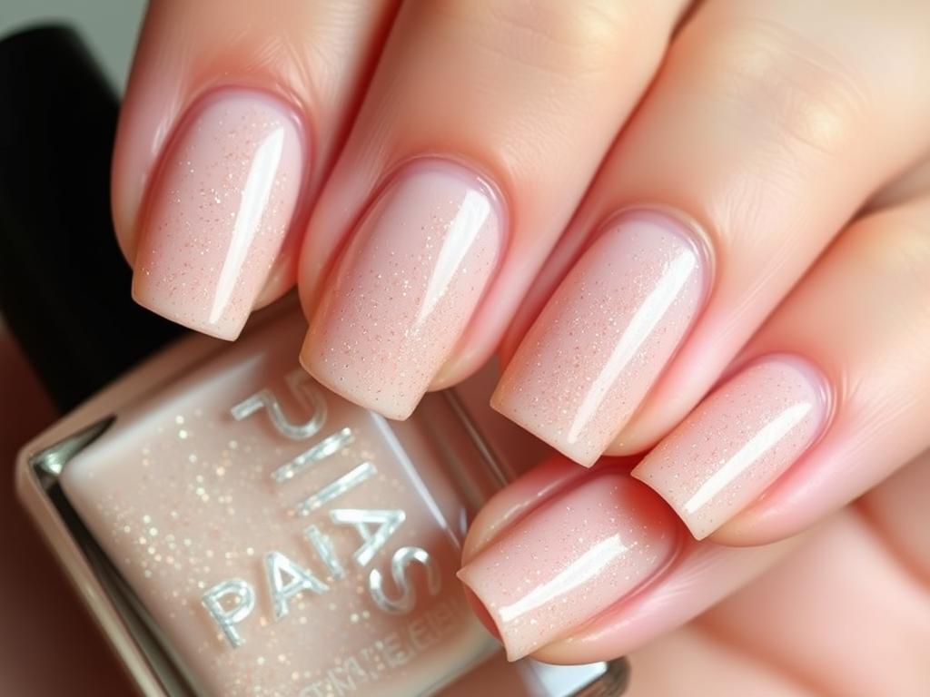 Delikatne jasne paznokcie z brokatem w subtelnym wydaniu Delikatne jasne paznokcie z brokatem w subtelnym wydaniu