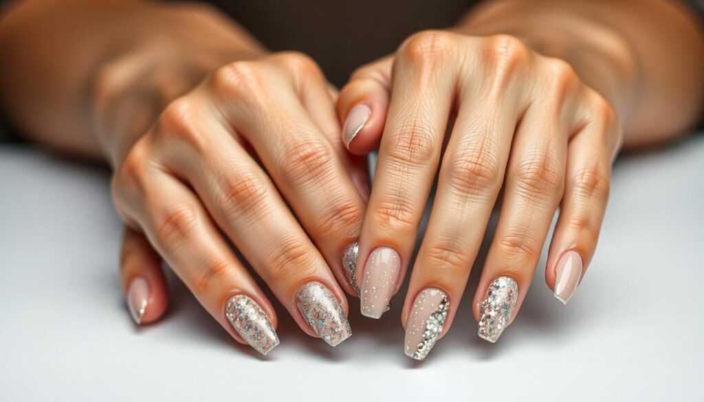 Eleganckie cieliste paznokcie z brokatem Eleganckie cieliste paznokcie z brokatem