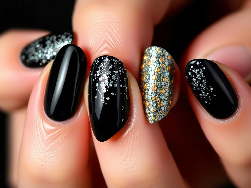 Eleganckie czarne paznokcie z brokatem na wieczorne wyjście Eleganckie czarne paznokcie z brokatem na wieczorne wyjście
