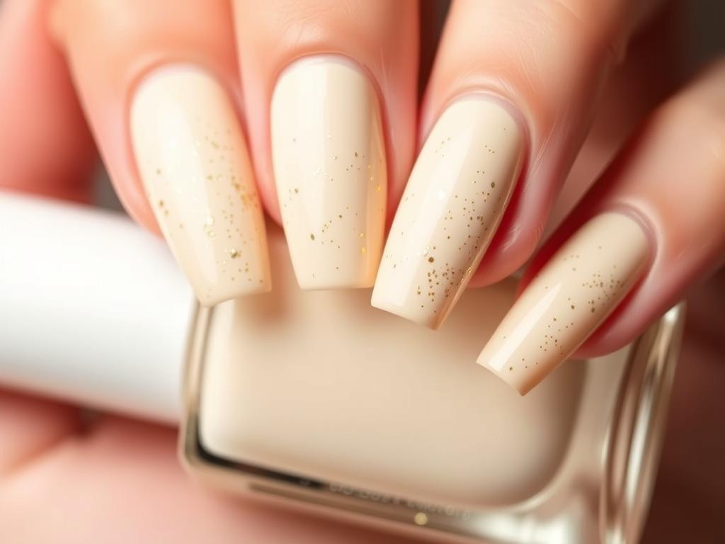Eleganckie kremowe paznokcie z brokatem w neutralnej tonacji Eleganckie kremowe paznokcie z brokatem w neutralnej tonacji