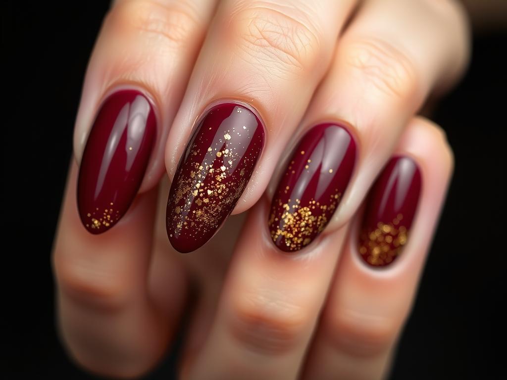 Eleganckie paznokcie hybrydowe bordowe z brokatem na długich paznokciach