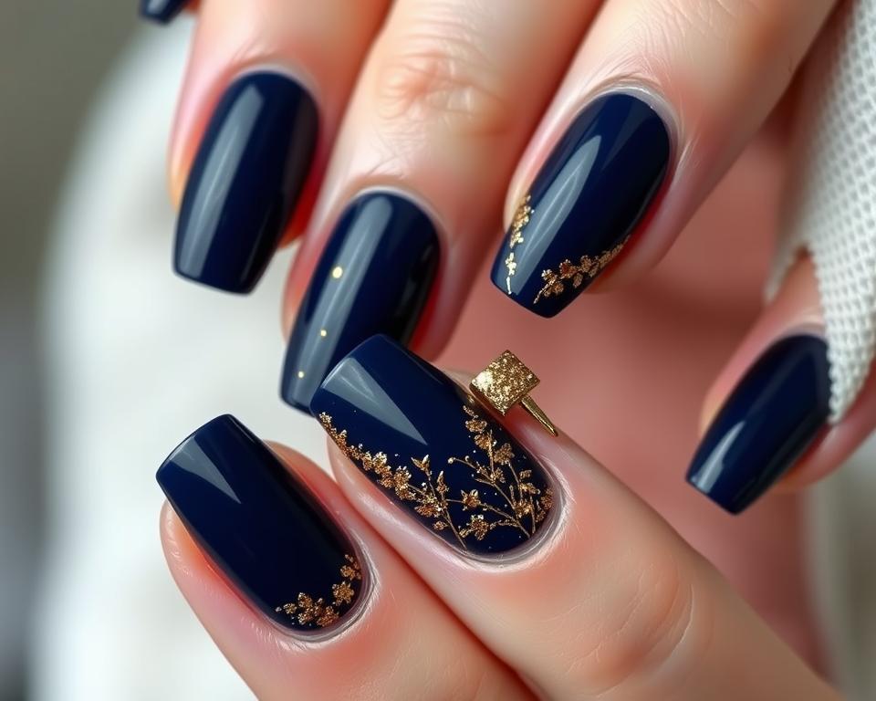 Eleganckie paznokcie hybrydowe granatowe z brokatem i złotymi zdobieniami Eleganckie paznokcie hybrydowe granatowe z brokatem i złotymi zdobieniami