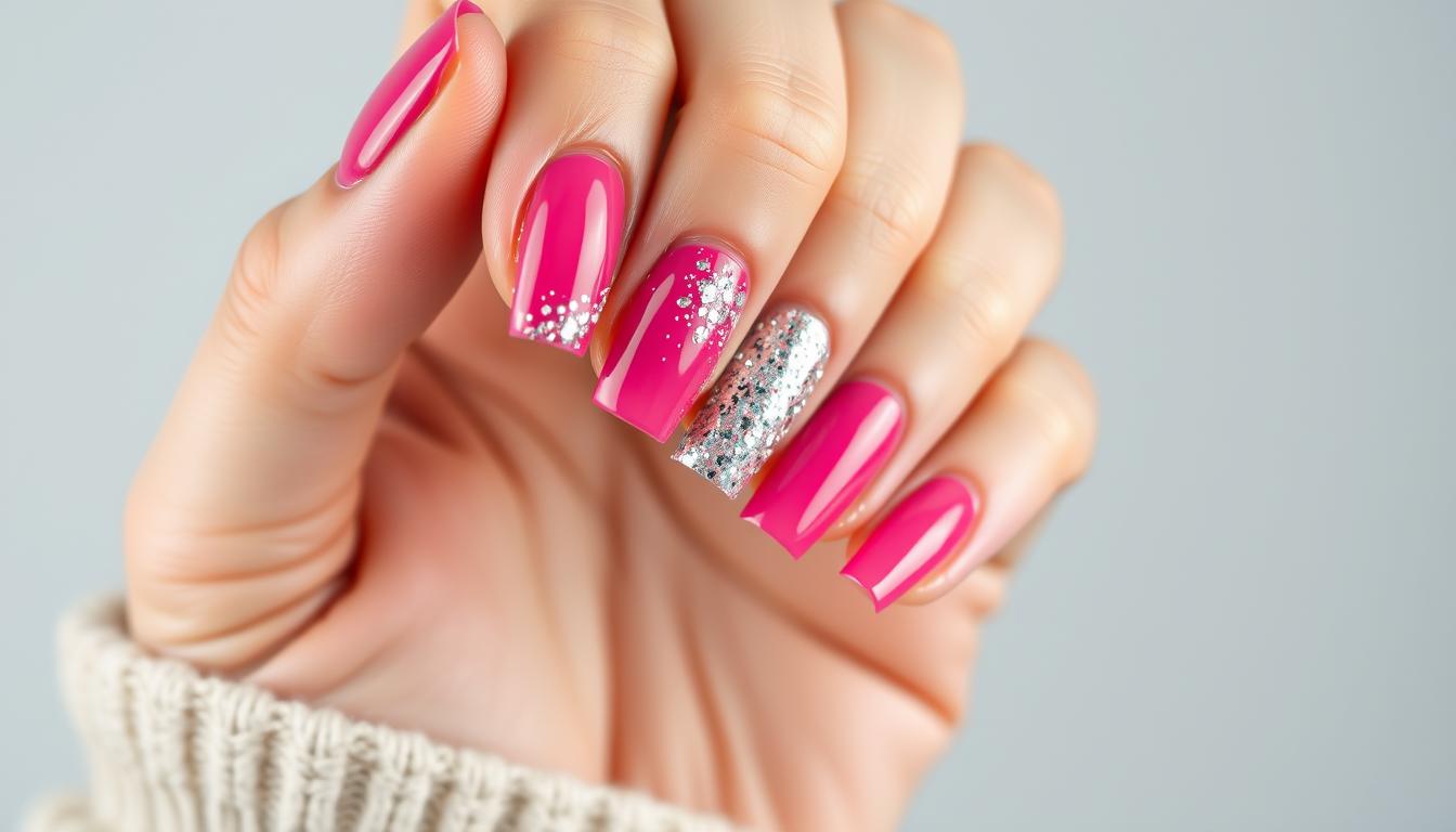 Eleganckie paznokcie malinowe z brokatem na dłoni kobiety