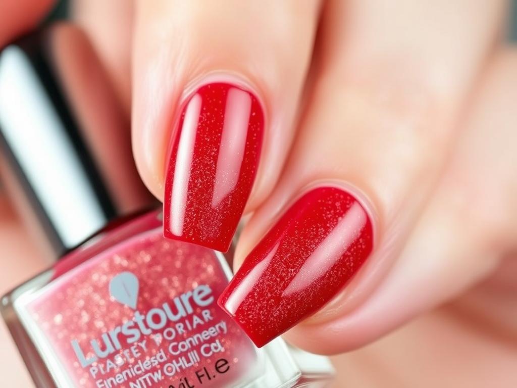 Eleganckie paznokcie z czerwoną hybrydą z brokatem w klasycznym wydaniu