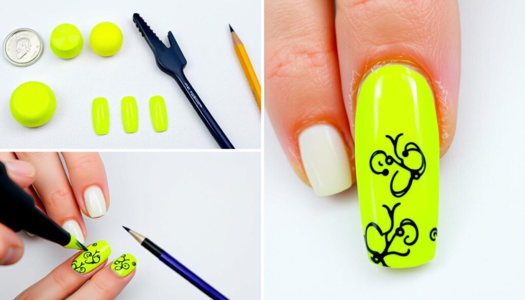 Etapy wykonania paznokci neonowych żółtych z czarnym wzorem Etapy wykonania paznokci neonowych żółtych z czarnym wzorem