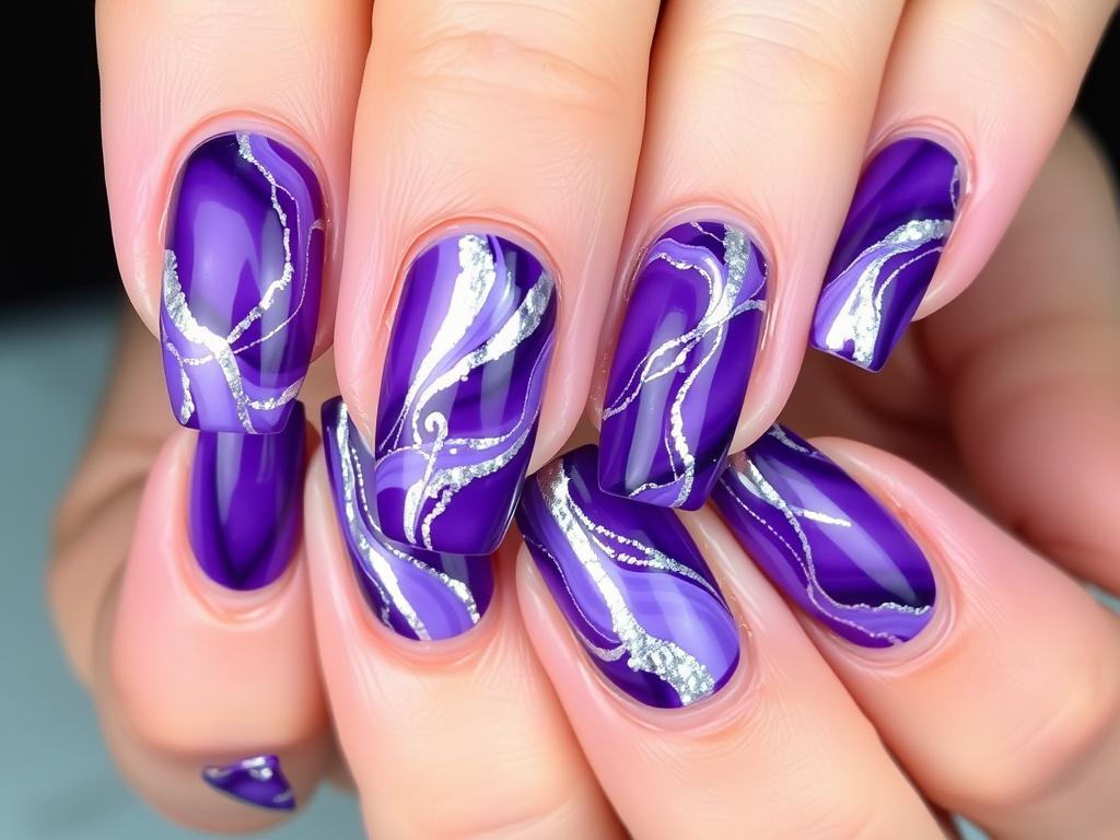 Fioletowy marmur paznokcie ze srebrnymi akcentami Fioletowy marmur paznokcie ze srebrnymi akcentami