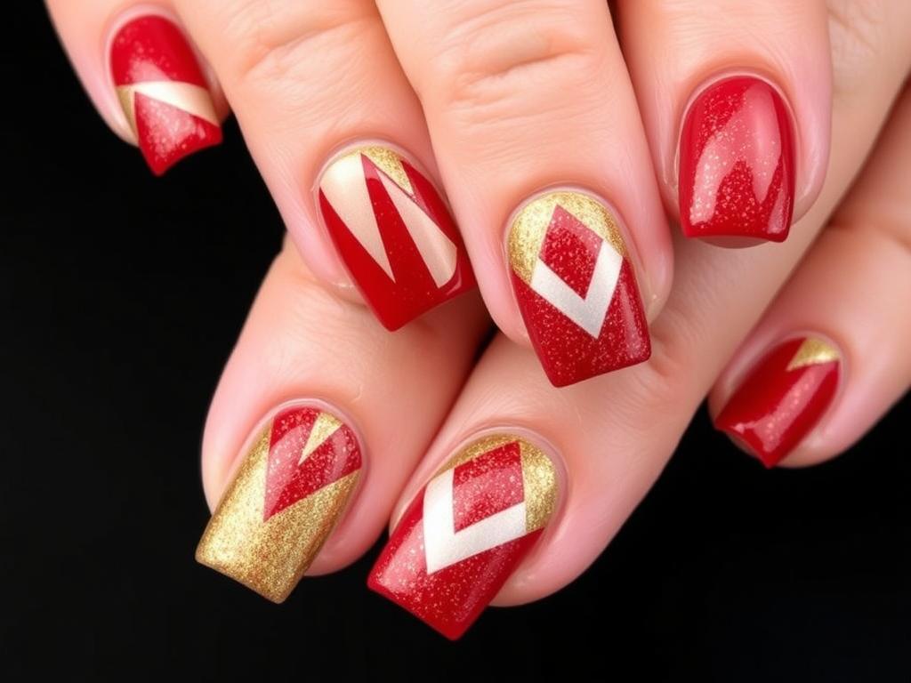 Geometryczne wzory na paznokciach z wykorzystaniem brokatu Geometryczne wzory na paznokciach z wykorzystaniem brokatu