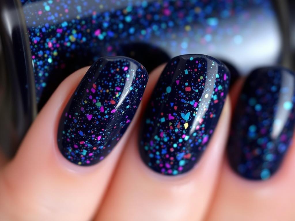 Granatowe paznokcie z wielokolorowym brokatem Granatowe paznokcie z wielokolorowym brokatem