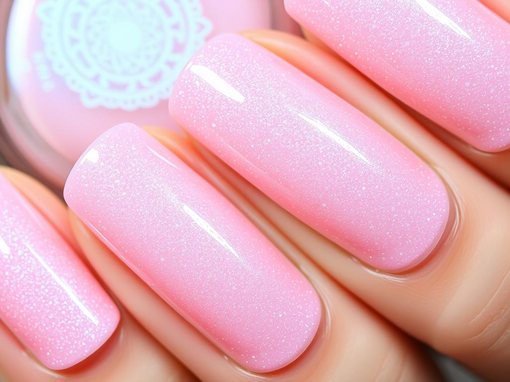 Jasnoróżowe paznokcie z holograficznym brokatem Jasnoróżowe paznokcie z holograficznym brokatem
