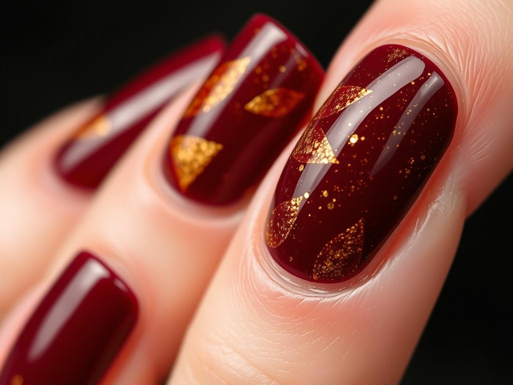Jesienne bordowe paznokcie z brokatem w złotych odcieniach Jesienne bordowe paznokcie z brokatem w złotych odcieniach