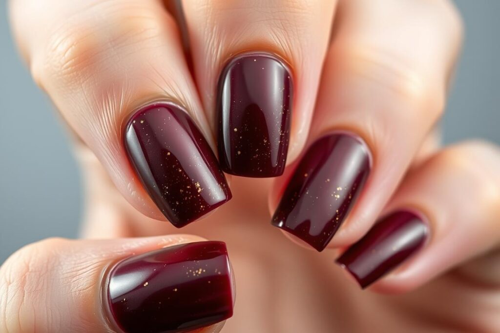 Klasyczne paznokcie hybrydowe bordowe z brokatem na krótkich paznokciach Klasyczne paznokcie hybrydowe bordowe z brokatem na krótkich paznokciach