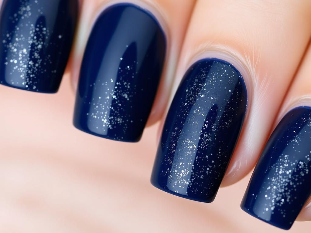 Klasyczne paznokcie hybrydowe granatowe z brokatem w jednolitym stylu Klasyczne paznokcie hybrydowe granatowe z brokatem w jednolitym stylu