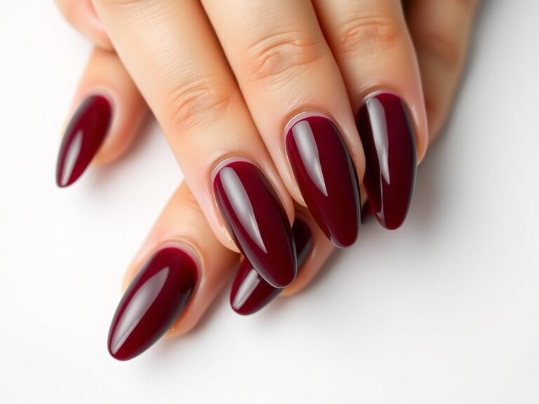 Klasyczne paznokcie żelowe bordowe w kształcie migdałków