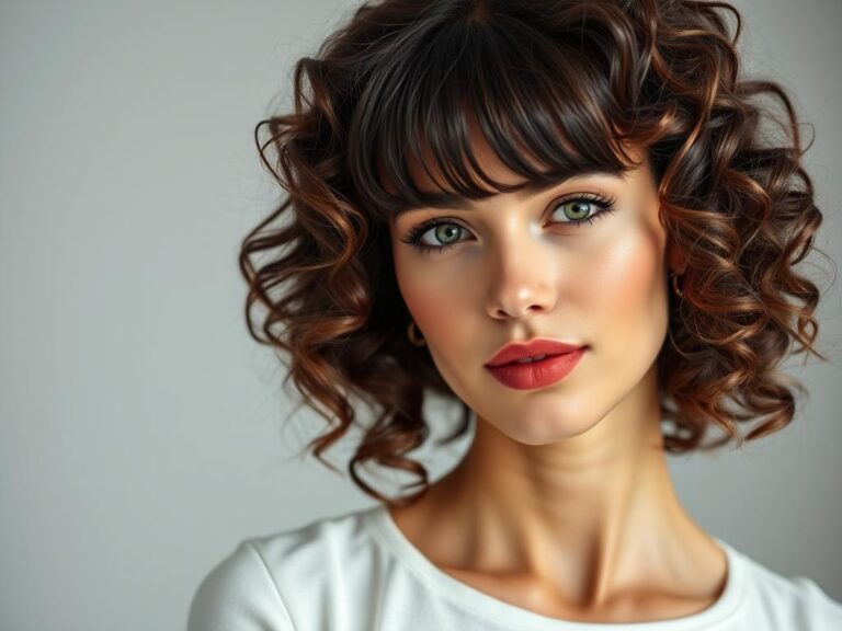 Kobieta z kręconymi włosami i grzywką, która podkreśla jej oczy i kości policzkowe