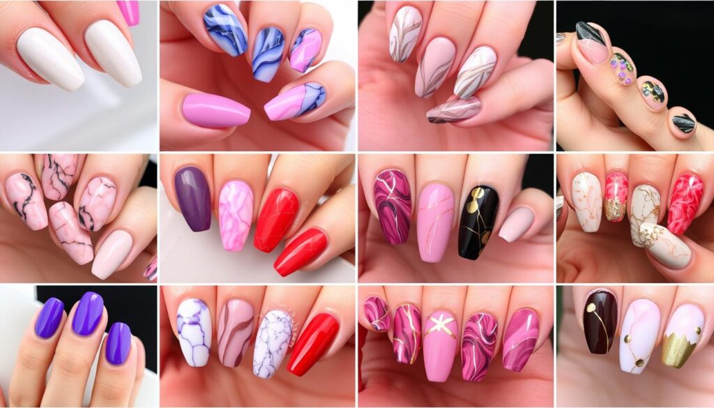 Kolaż przedstawiający różne warianty paznokci hybrydowych marmurkowych Kolaż przedstawiający różne warianty paznokci hybrydowych marmurkowych