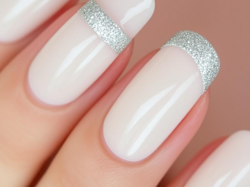 Kremowy french manicure z brokatowym wykończeniem końcówek Kremowy french manicure z brokatowym wykończeniem końcówek
