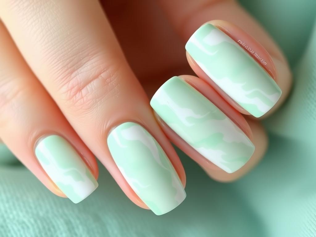 Lakier hybrydowy marmurek w pastelowych odcieniach mięty i bieli Lakier hybrydowy marmurek w pastelowych odcieniach mięty i bieli