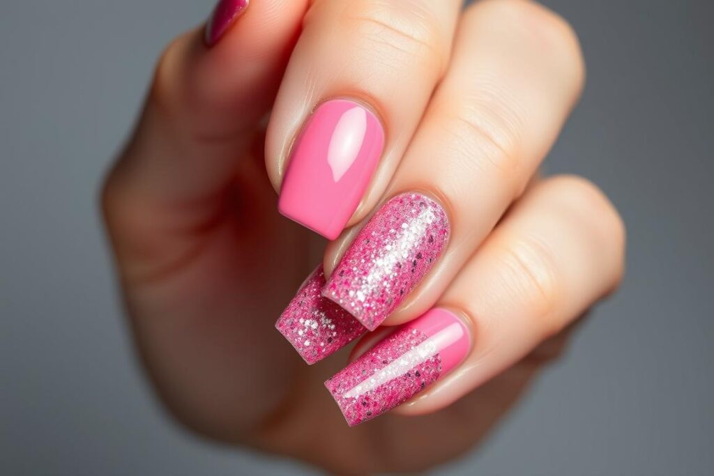 Malinowe paznokcie z jednym paznokciem całkowicie pokrytym brokatem Malinowe paznokcie z jednym paznokciem całkowicie pokrytym brokatem