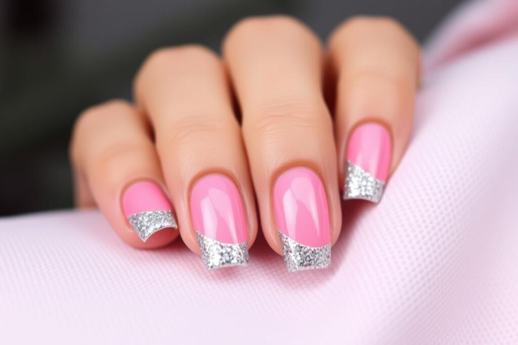 Malinowy french manicure z brokatowymi końcówkami Malinowy french manicure z brokatowymi końcówkami