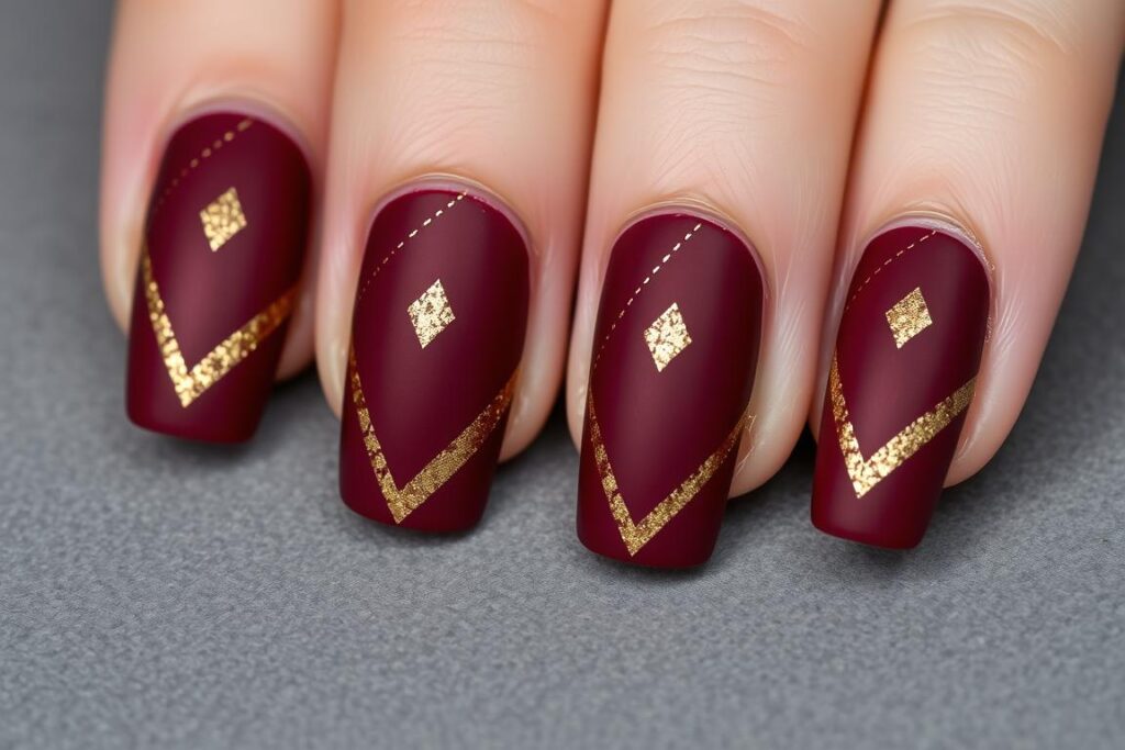 Matowe bordowe paznokcie z brokatowymi wzorami geometrycznymi Matowe bordowe paznokcie z brokatowymi wzorami geometrycznymi