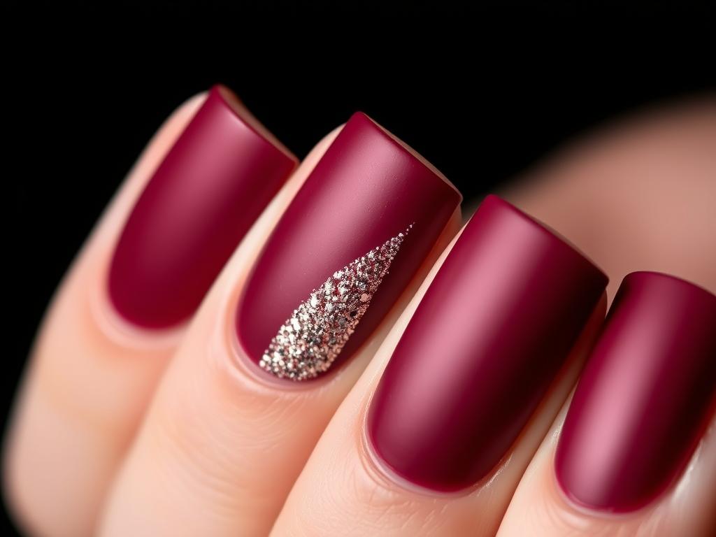 Matowe bordowe paznokcie z delikatnym brokatowym akcentem Matowe bordowe paznokcie z delikatnym brokatowym akcentem