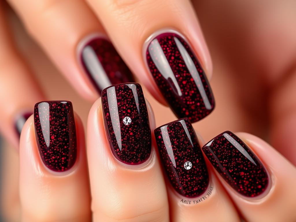 Minimalistyczne zdobienia cyrkoniami na bordowych paznokciach z brokatem Minimalistyczne zdobienia cyrkoniami na bordowych paznokciach z brokatem