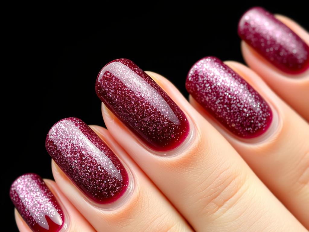 Odwrócone brokatowe ombre na bordowych paznokciach hybrydowych Odwrócone brokatowe ombre na bordowych paznokciach hybrydowych