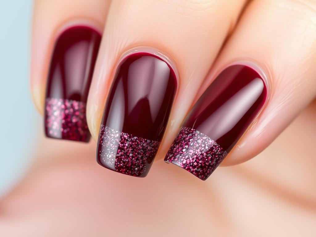 Odwrócony french z brokatem na bordowych paznokciach hybrydowych Odwrócony french z brokatem na bordowych paznokciach hybrydowych