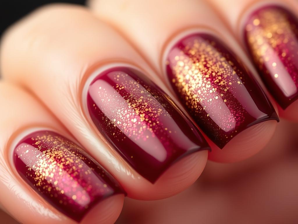 Paznokcie bordo ze złotym brokatem w eleganckim wydaniu Paznokcie bordo ze złotym brokatem w eleganckim wydaniu