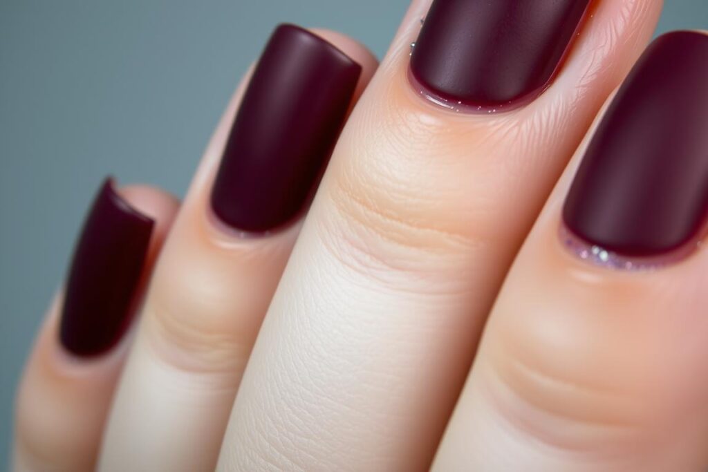 Paznokcie bordowe matowe z brokatem w eleganckim wydaniu Paznokcie bordowe matowe z brokatem w eleganckim wydaniu