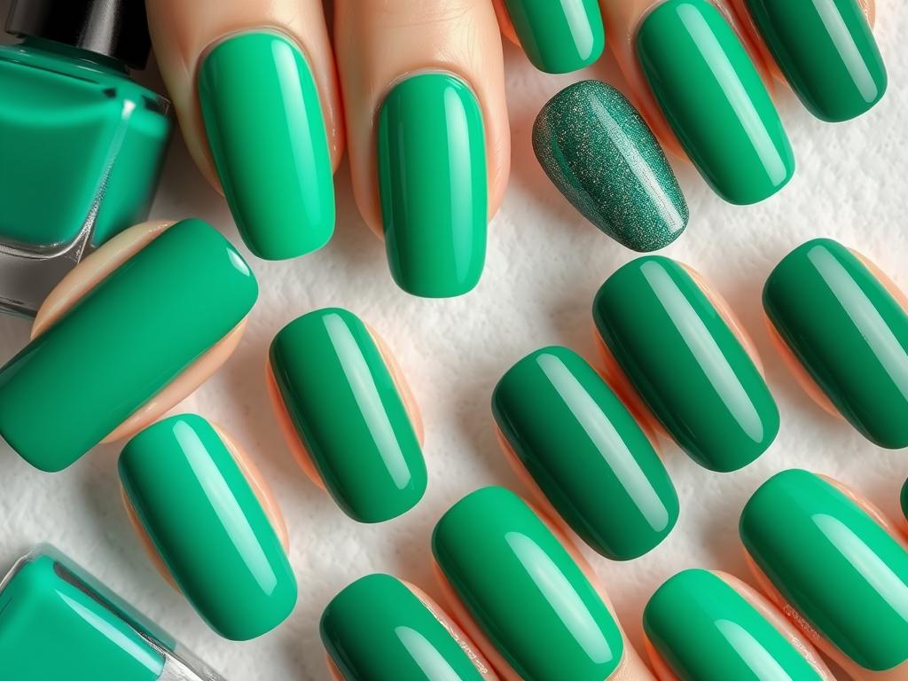 Paznokcie butelkowa zieleń w różnych odcieniach i wykończeniach
