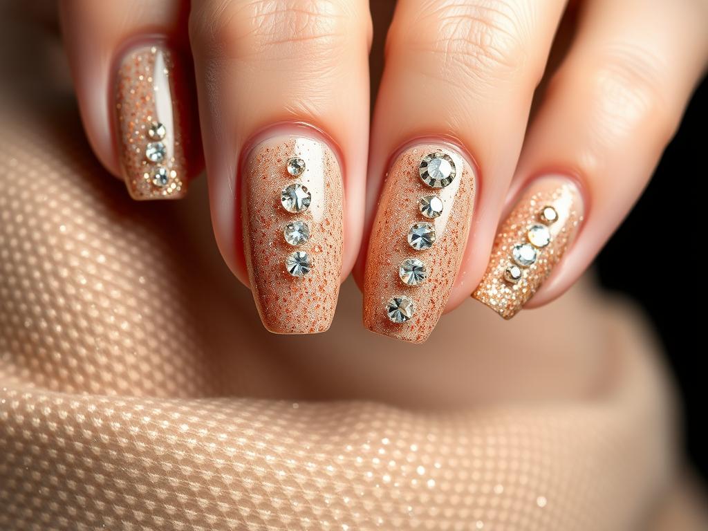 Paznokcie cieliste z brokatem i kryształkami Paznokcie cieliste z brokatem i kryształkami