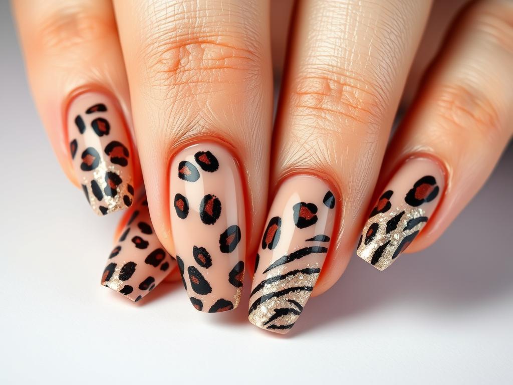 Paznokcie cieliste z brokatem i wzorami zwierzęcymi Paznokcie cieliste z brokatem i wzorami zwierzęcymi