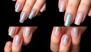 Paznokcie cieliste z brokatem w różnych stylizacjach